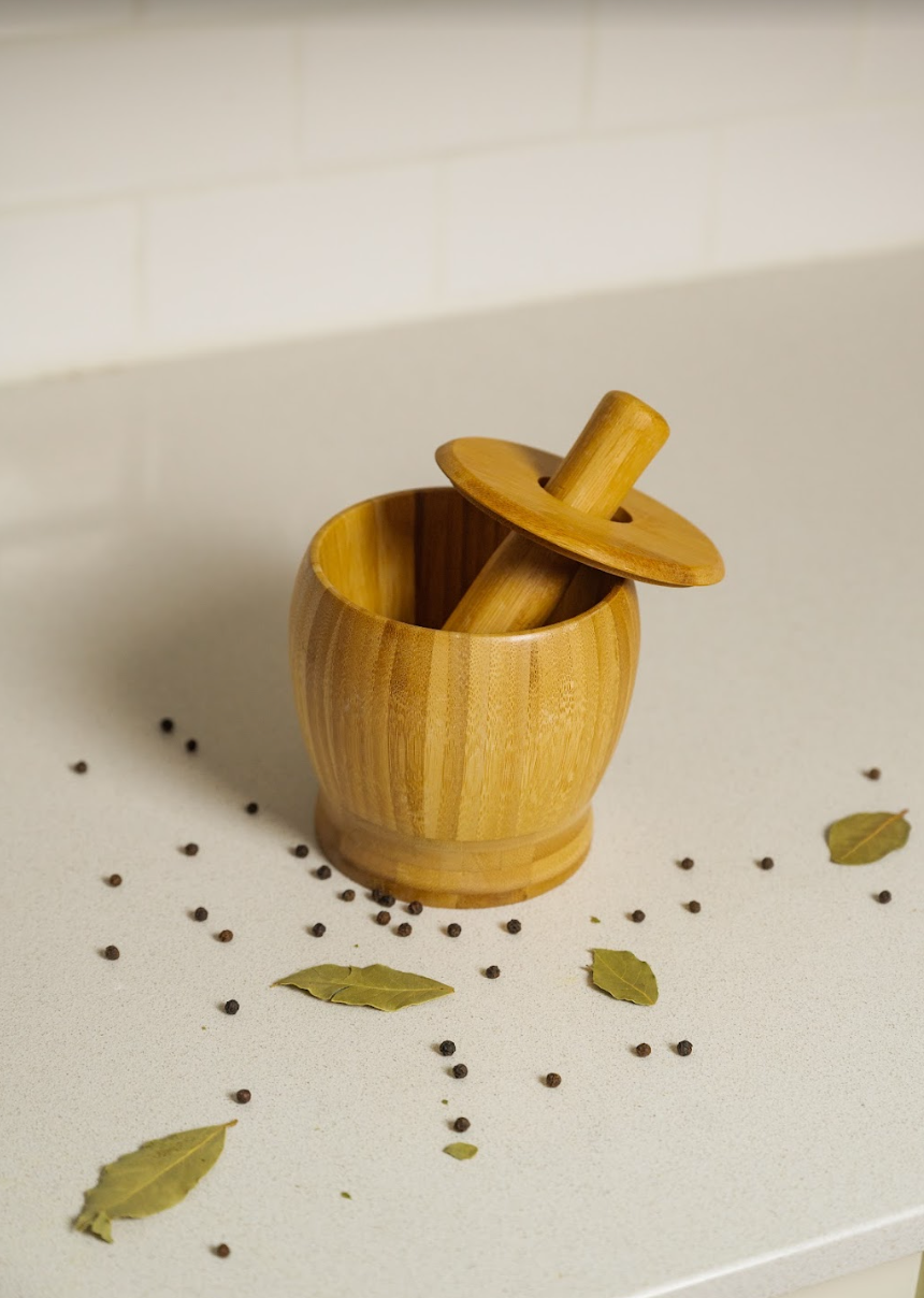 Bamboo Mortar and Pestle Grinder with Lid | Drinks Mixer
