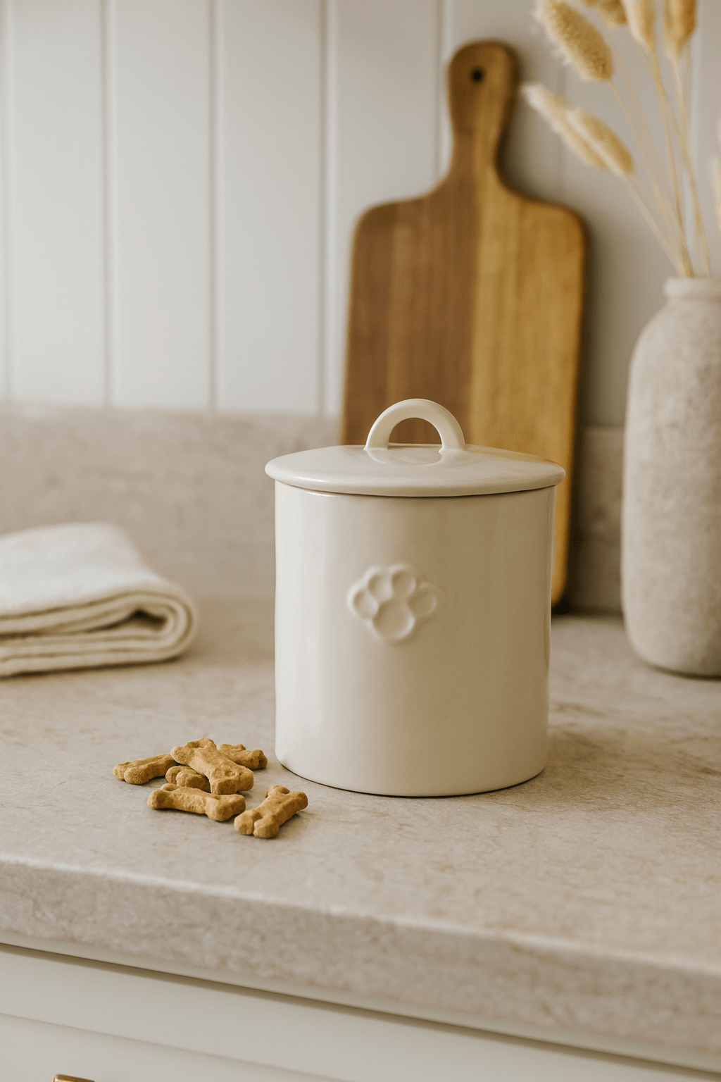 Stoneware Pet Treat Canister with Paw Print – Neutral Glaze